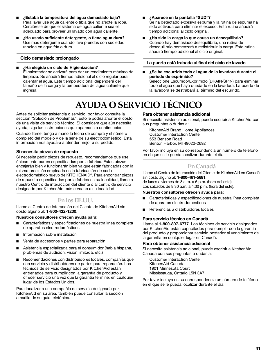 Ayuda o servicio técnico, En los ee.uu, En canadá | KITCHENAID FRONT-LOADING AUTOMATIC WASHER User Manual | Page 41 / 64