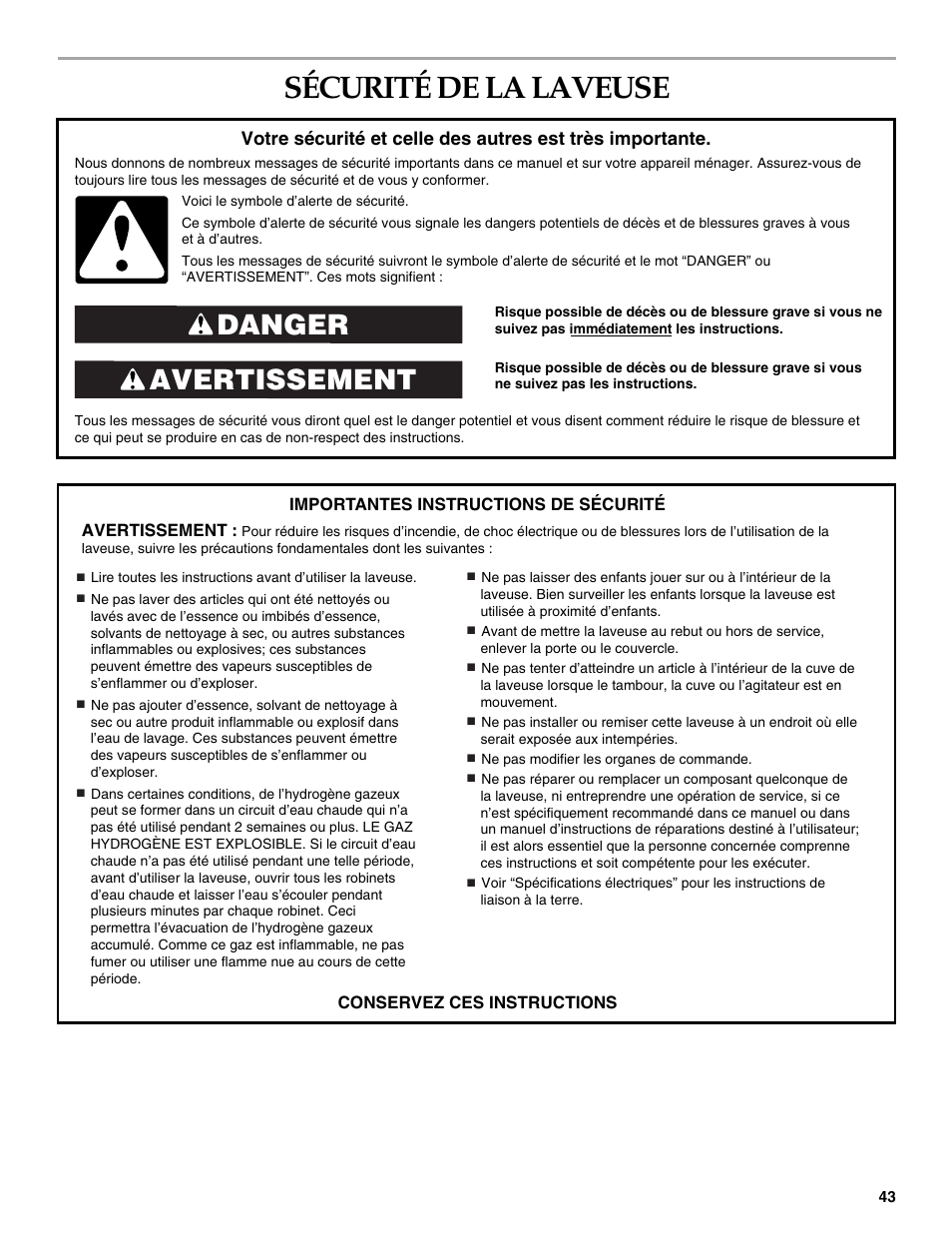 Sécurité de la laveuse, Avertissement danger | KITCHENAID FRONT-LOADING AUTOMATIC WASHER User Manual | Page 43 / 64