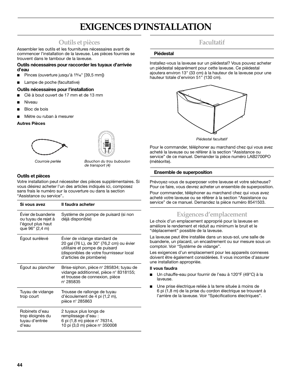 Exigences d’installation, Outils et pièces, Facultatif | Exigences d’emplacement | KITCHENAID FRONT-LOADING AUTOMATIC WASHER User Manual | Page 44 / 64