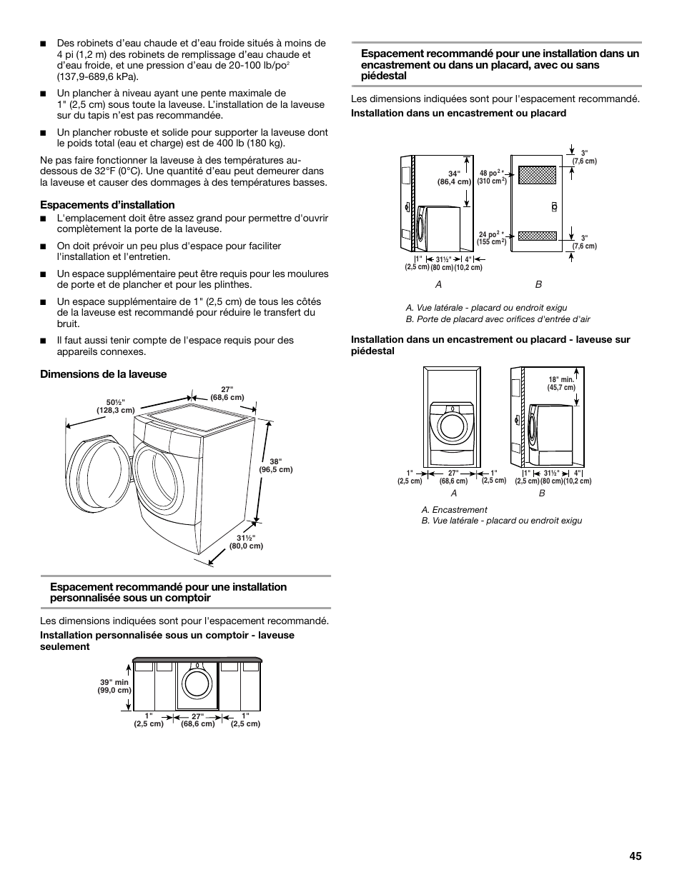 Espacements d’installation | KITCHENAID FRONT-LOADING AUTOMATIC WASHER User Manual | Page 45 / 64