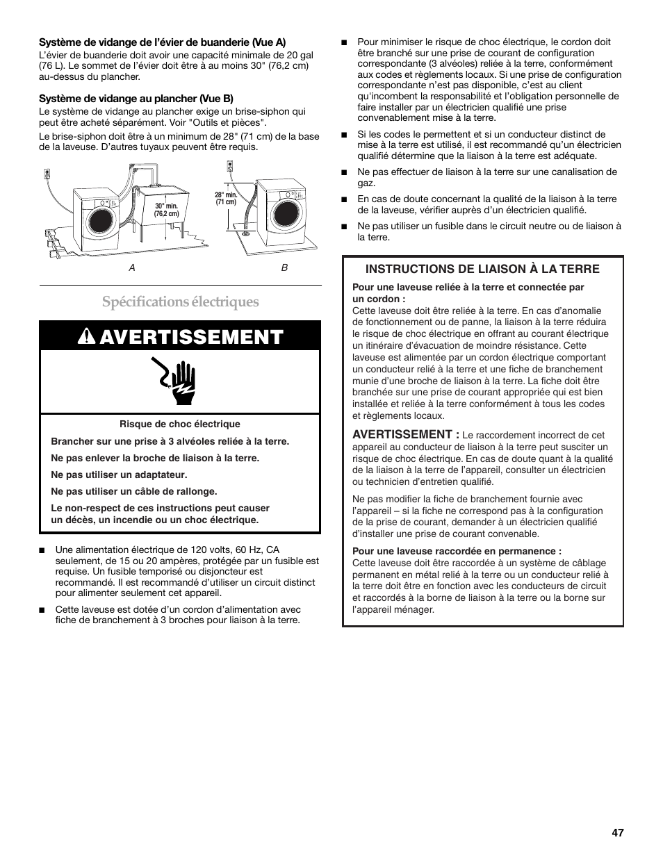 Avertissement, Spécifications électriques | KITCHENAID FRONT-LOADING AUTOMATIC WASHER User Manual | Page 47 / 64