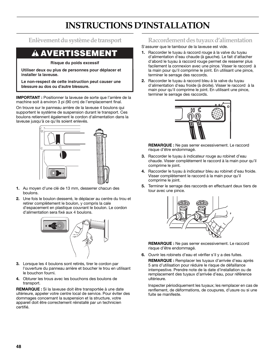Instructions d’installation, Avertissement, Enlèvement du système de transport | Raccordement des tuyaux d’alimentation | KITCHENAID FRONT-LOADING AUTOMATIC WASHER User Manual | Page 48 / 64