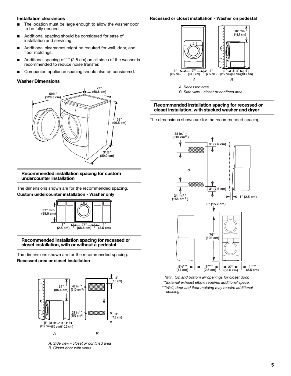 5installation clearances | KITCHENAID FRONT-LOADING AUTOMATIC WASHER User Manual | Page 5 / 64