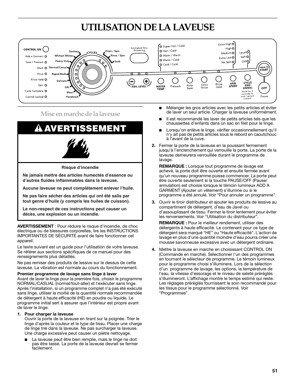 Utilisation de la laveuse, Avertissement, Mise en marche de la laveuse | KITCHENAID FRONT-LOADING AUTOMATIC WASHER User Manual | Page 51 / 64