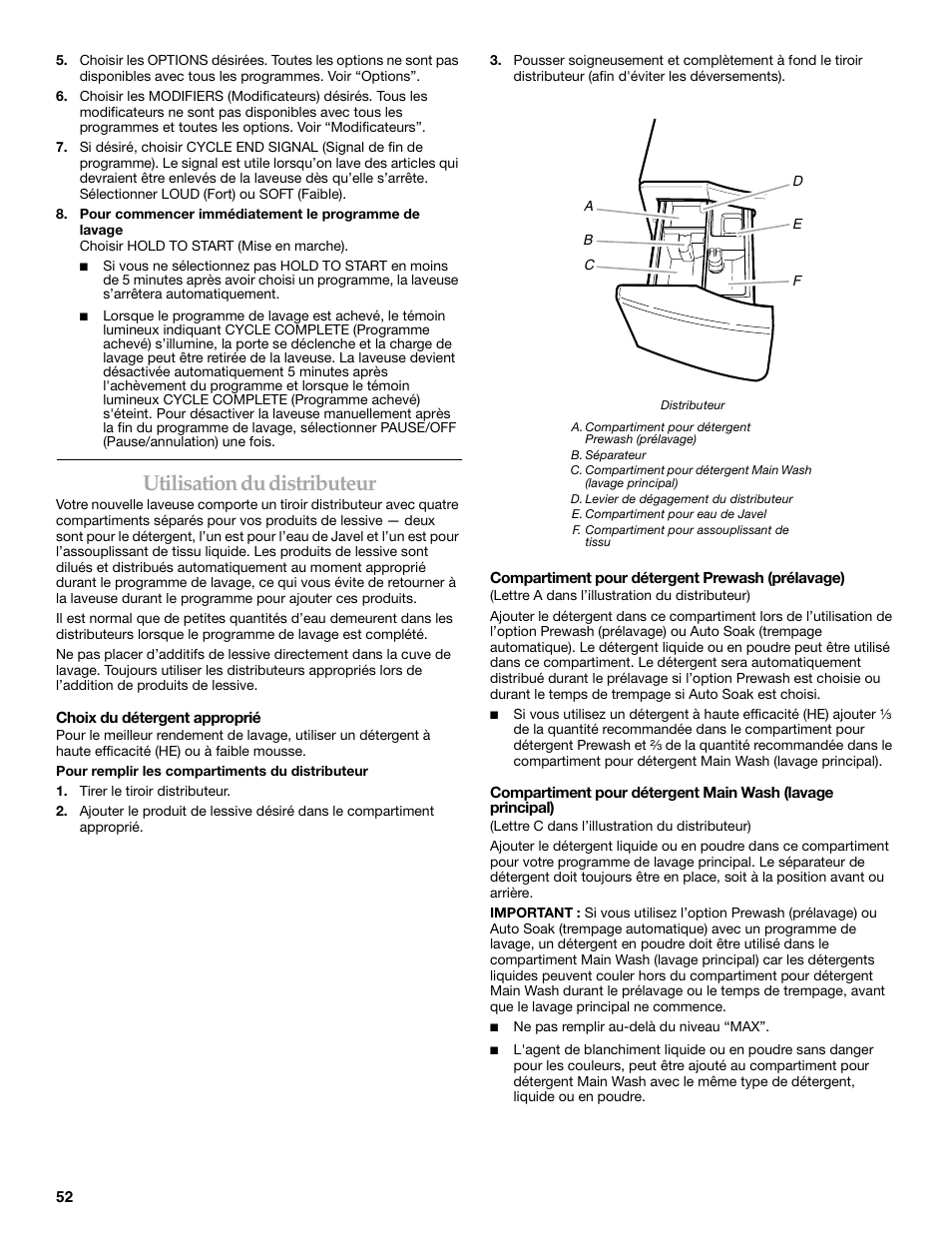 Utilisation du distributeur | KITCHENAID FRONT-LOADING AUTOMATIC WASHER User Manual | Page 52 / 64