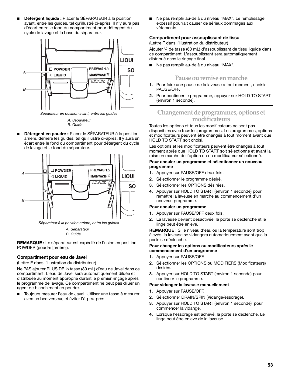 Pause ou remise en marche, Changement de programmes, options et modificateurs | KITCHENAID FRONT-LOADING AUTOMATIC WASHER User Manual | Page 53 / 64