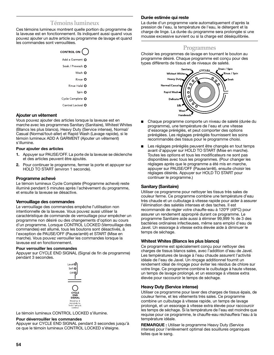 Témoins lumineux, Programmes | KITCHENAID FRONT-LOADING AUTOMATIC WASHER User Manual | Page 54 / 64