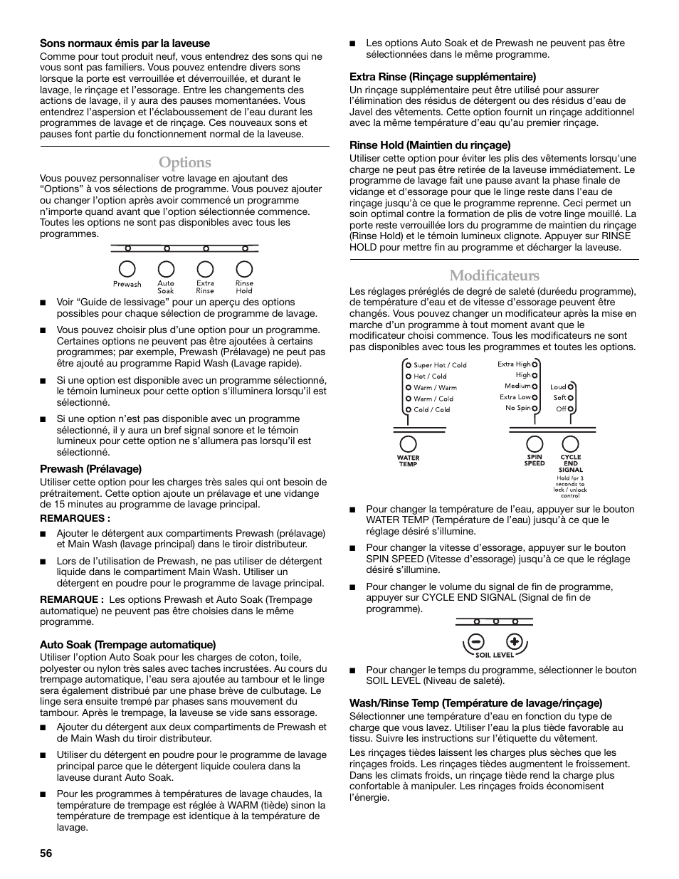 Options, Modificateurs | KITCHENAID FRONT-LOADING AUTOMATIC WASHER User Manual | Page 56 / 64