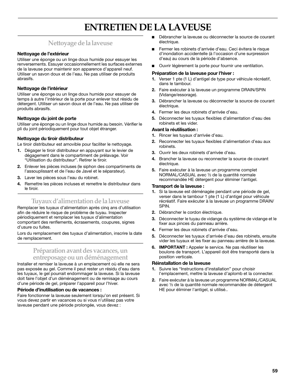 Entretien de la laveuse, Nettoyage de la laveuse, Tuyaux d’alimentation de la laveuse | KITCHENAID FRONT-LOADING AUTOMATIC WASHER User Manual | Page 59 / 64