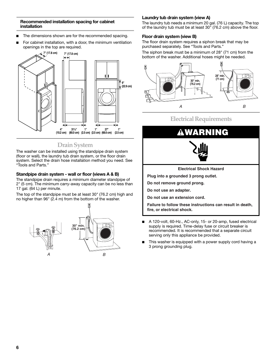 Warning, Drain system, Electrical requirements | KITCHENAID FRONT-LOADING AUTOMATIC WASHER User Manual | Page 6 / 64