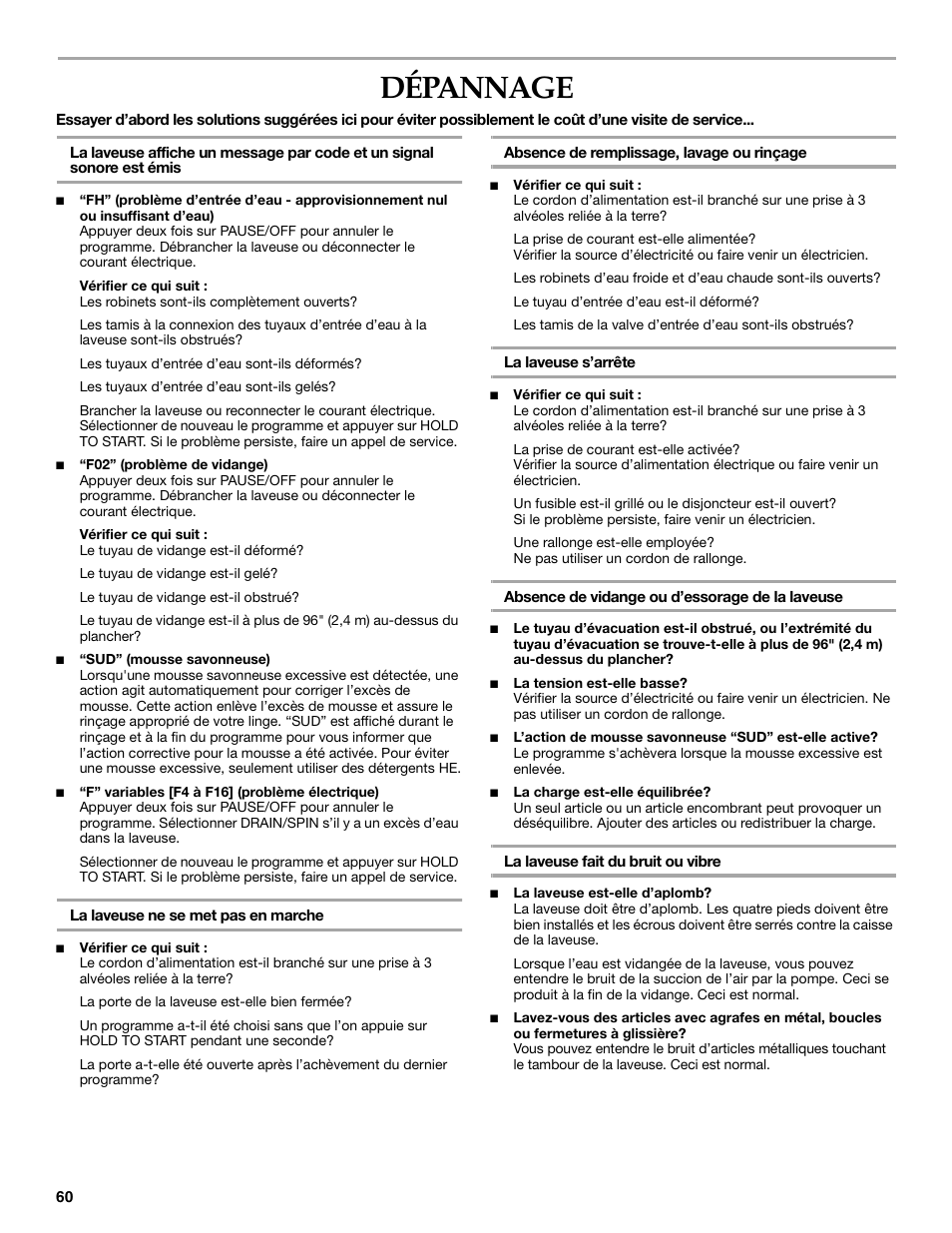 Dépannage | KITCHENAID FRONT-LOADING AUTOMATIC WASHER User Manual | Page 60 / 64