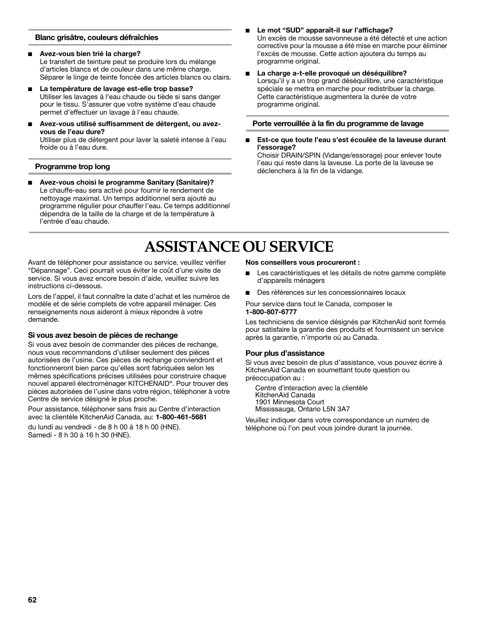 Assistance ou service | KITCHENAID FRONT-LOADING AUTOMATIC WASHER User Manual | Page 62 / 64