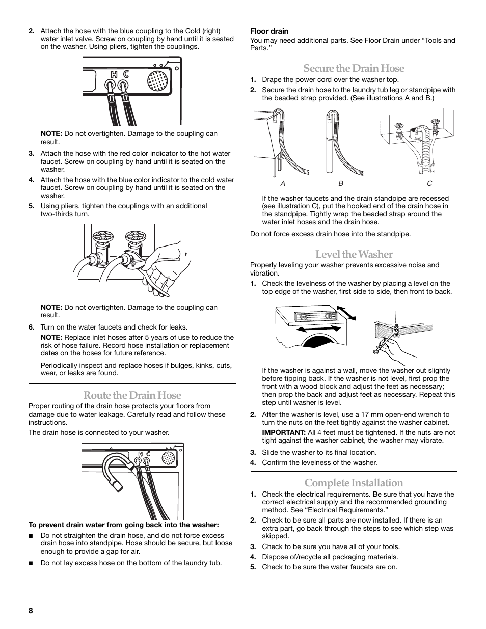 Route the drain hose, Secure the drain hose, Level the washer | Complete installation | KITCHENAID FRONT-LOADING AUTOMATIC WASHER User Manual | Page 8 / 64