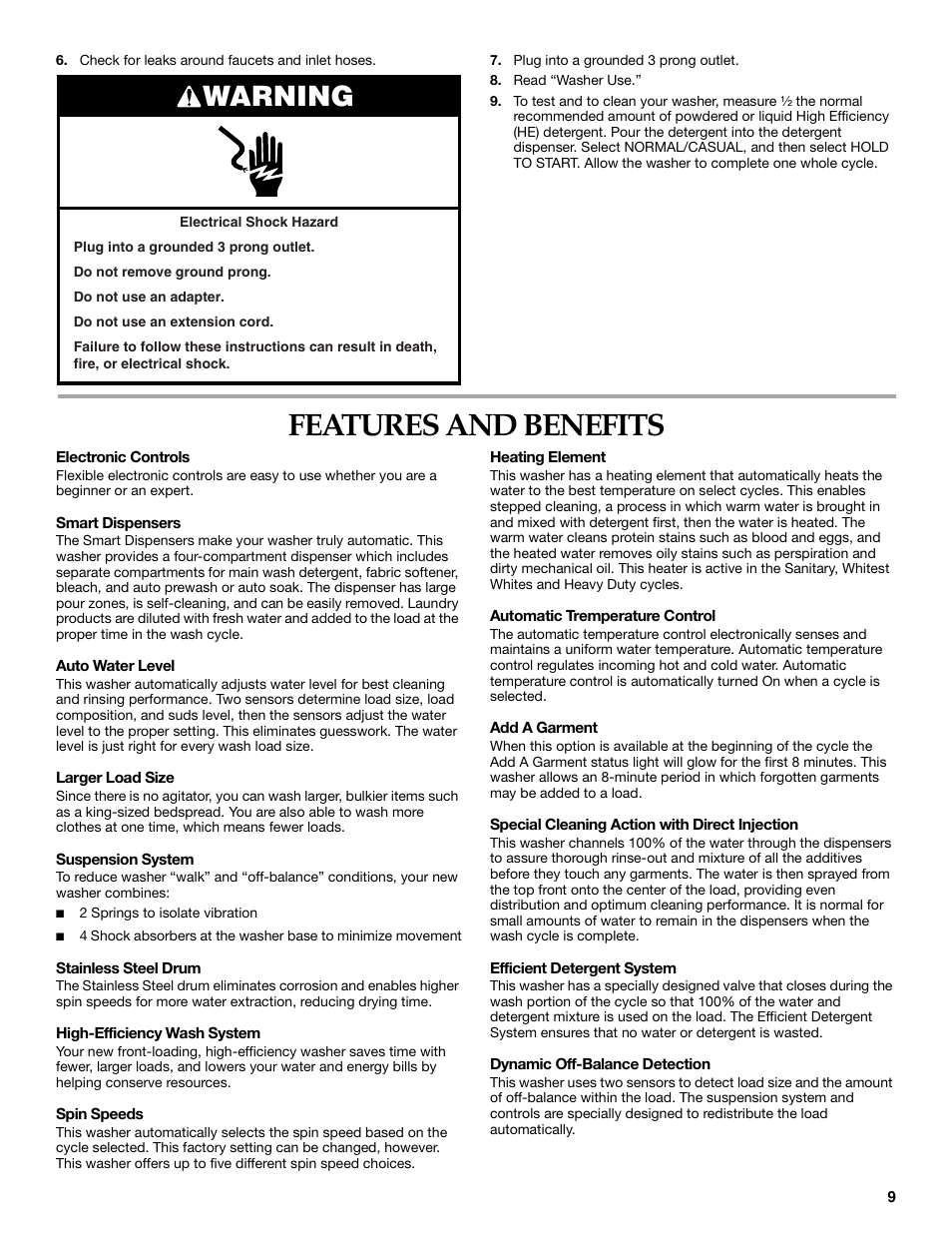 Features and benefits, Warning | KITCHENAID FRONT-LOADING AUTOMATIC WASHER User Manual | Page 9 / 64