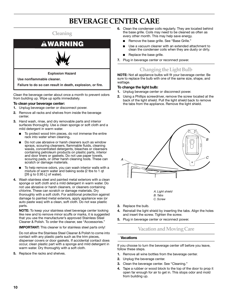Beverage center care, Warning, Cleaning | Changing the light bulb, Vacation and moving care | KITCHENAID Overlay Model Beverage Center User Manual | Page 10 / 40