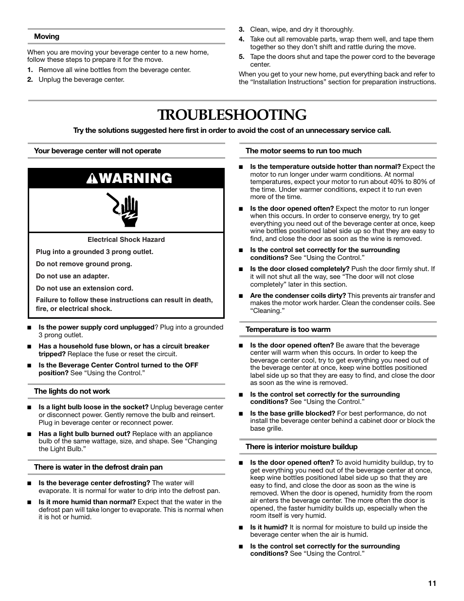 Troubleshooting, Warning | KITCHENAID Overlay Model Beverage Center User Manual | Page 11 / 40