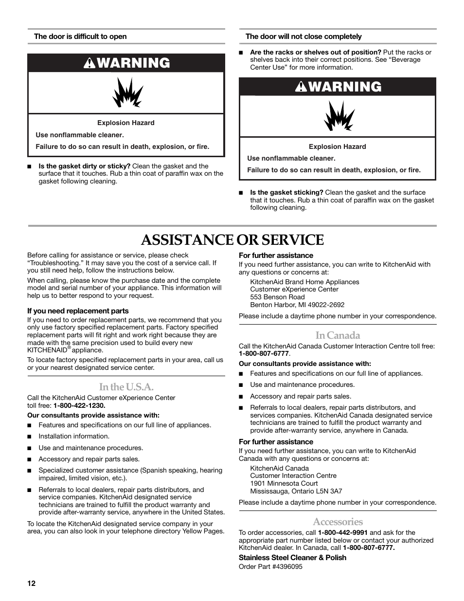 Assistance or service, Warning, Accessories | KITCHENAID Overlay Model Beverage Center User Manual | Page 12 / 40