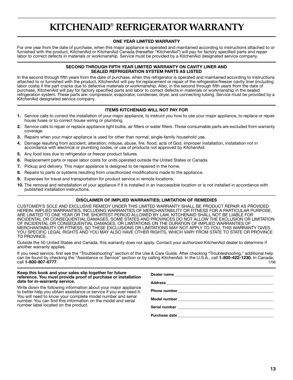 Kitchenaid, Refrigerator warranty | KITCHENAID Overlay Model Beverage Center User Manual | Page 13 / 40