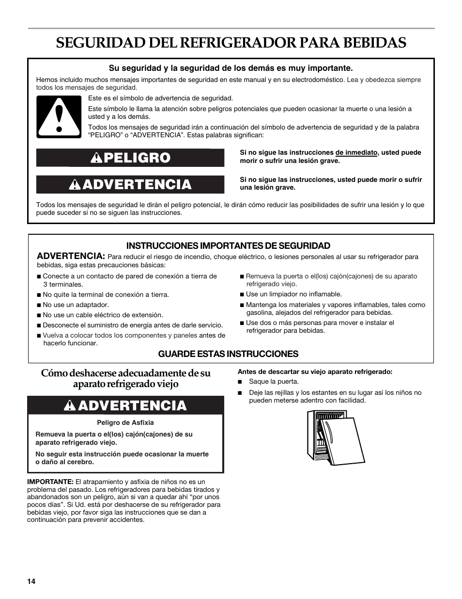 Seguridad del, Refrigerador para bebidas, Advertencia peligro | Advertencia | KITCHENAID Overlay Model Beverage Center User Manual | Page 14 / 40