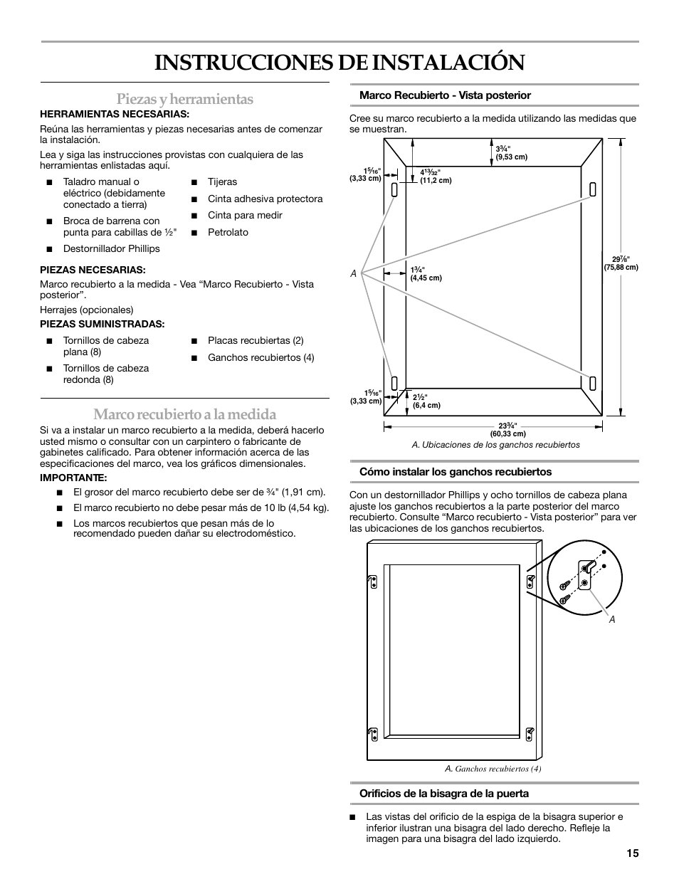 Instrucciones de instalación, Piezas y herramientas, Marco recubierto a la medida | KITCHENAID Overlay Model Beverage Center User Manual | Page 15 / 40
