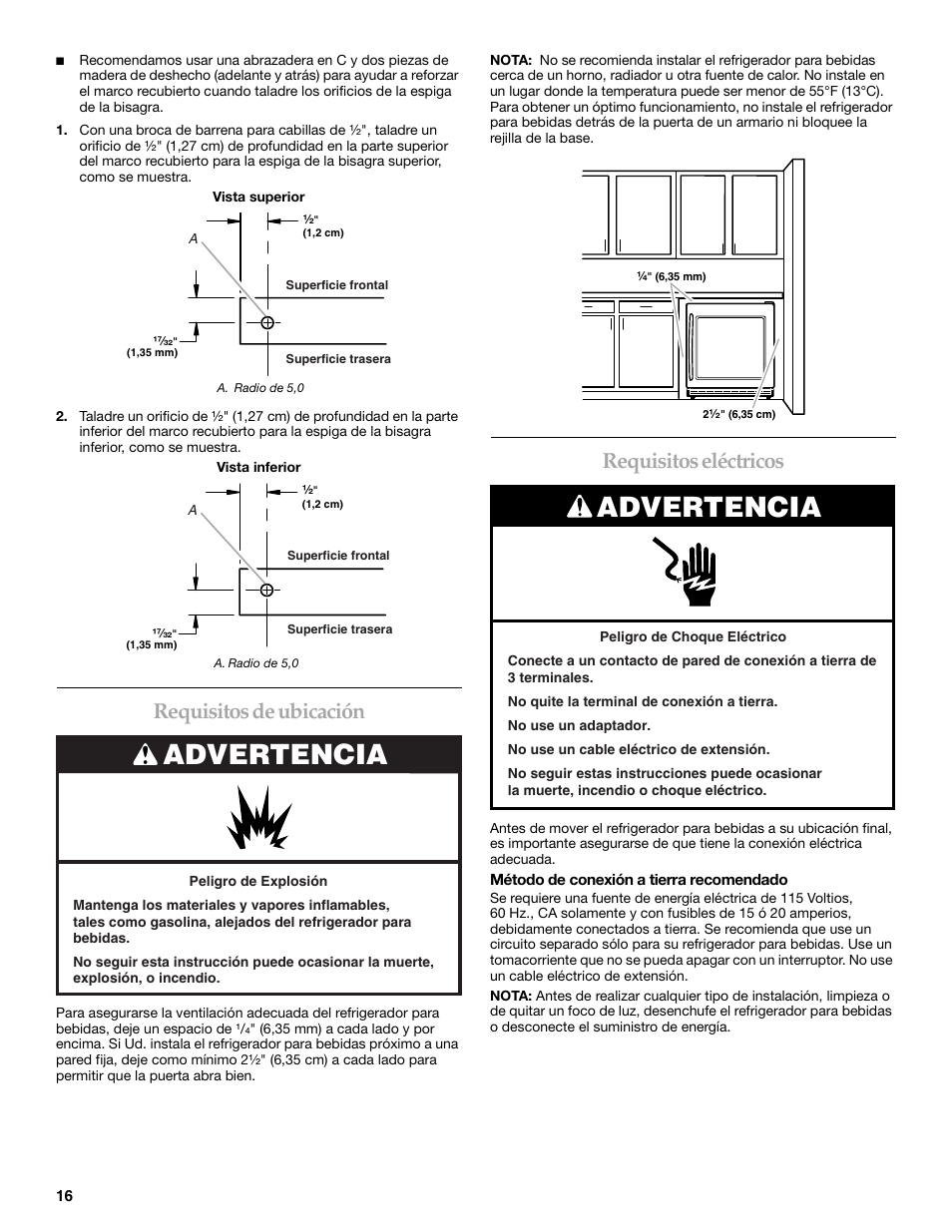 Advertencia, Requisitos de ubicación, Requisitos eléctricos | KITCHENAID Overlay Model Beverage Center User Manual | Page 16 / 40