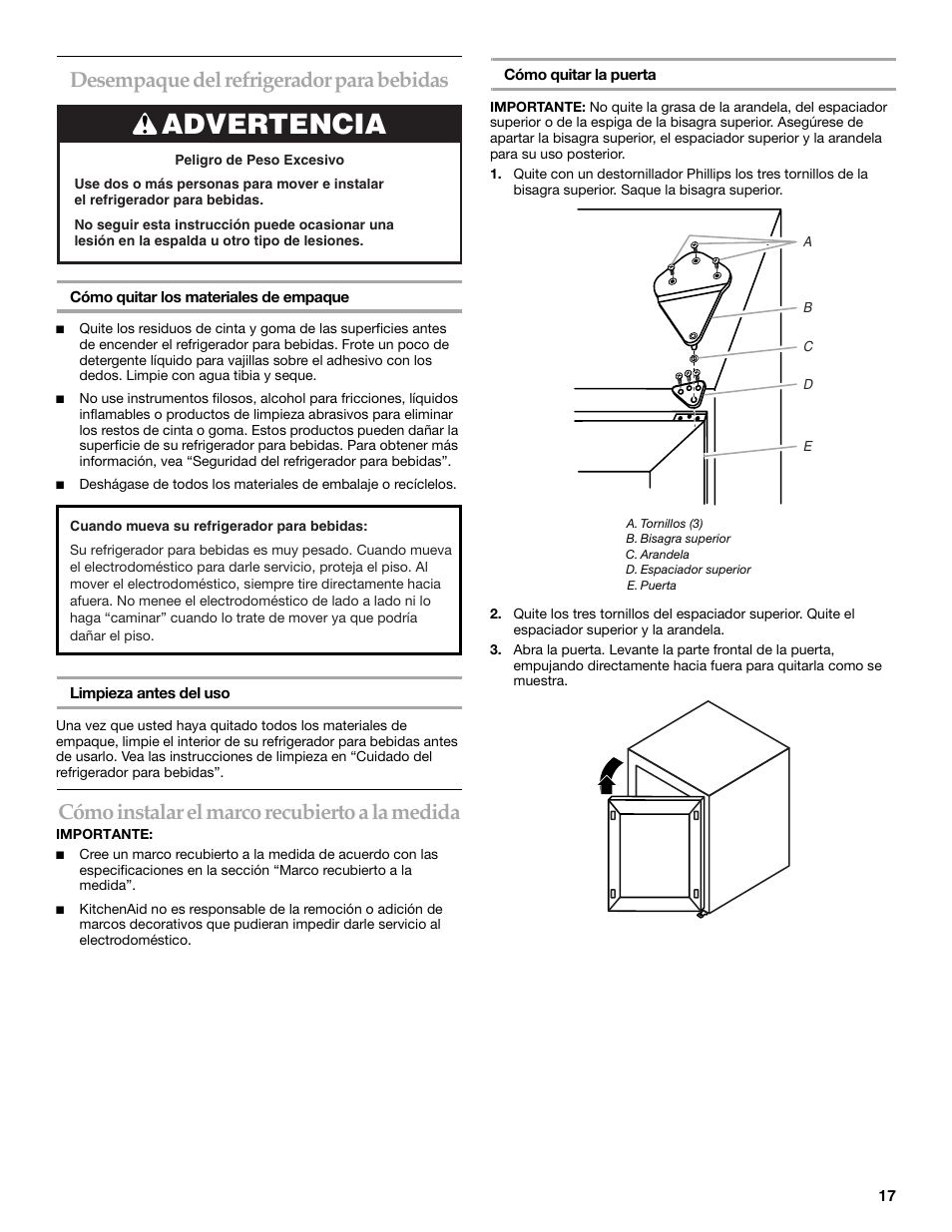 Advertencia, Desempaque del refrigerador para bebidas, Cómo instalar el marco recubierto a la medida | KITCHENAID Overlay Model Beverage Center User Manual | Page 17 / 40