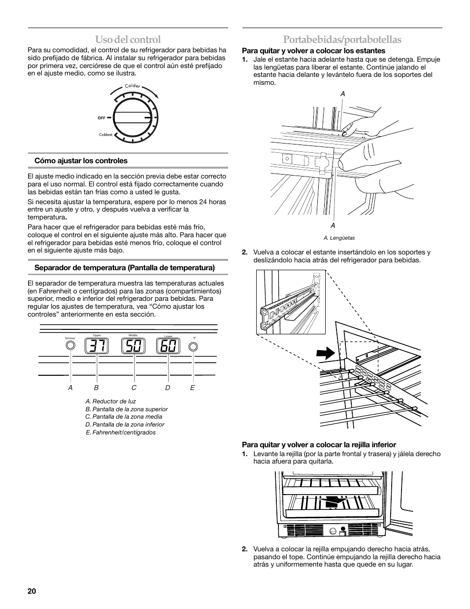 Uso del control, Portabebidas/portabotellas | KITCHENAID Overlay Model Beverage Center User Manual | Page 20 / 40