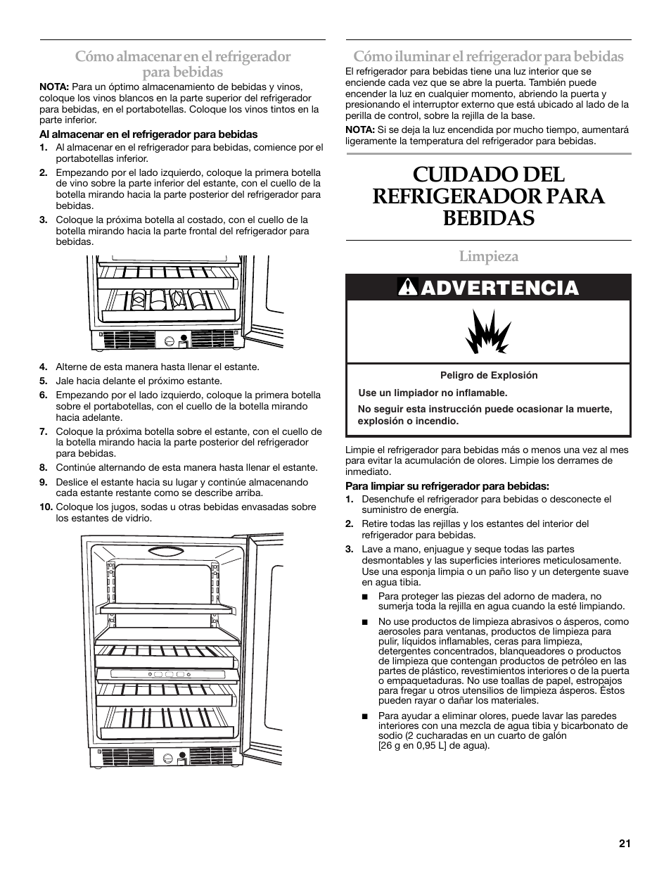 Cuidado del refrigerador para bebidas, Advertencia, Cómo almacenar en el refrigerador para bebidas | Cómo iluminar el refrigerador para bebidas, Limpieza | KITCHENAID Overlay Model Beverage Center User Manual | Page 21 / 40