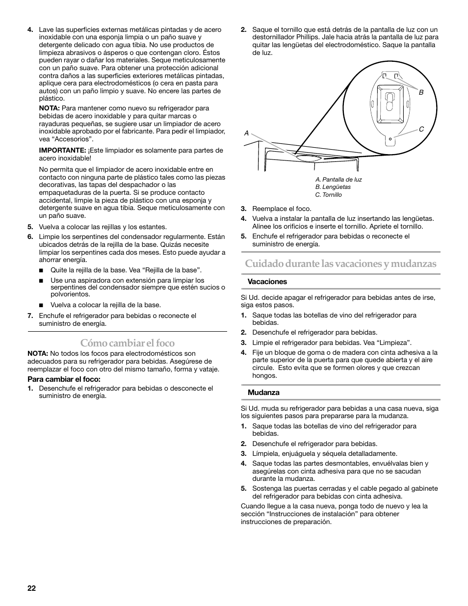 Cómo cambiar el foco, Cuidado durante las vacaciones y mudanzas | KITCHENAID Overlay Model Beverage Center User Manual | Page 22 / 40