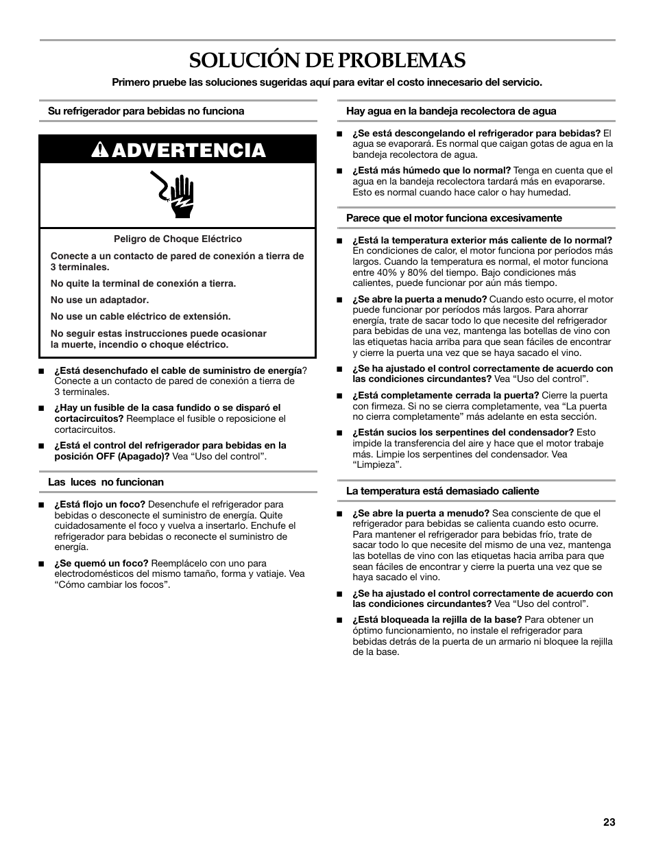 Solución de problemas, Advertencia | KITCHENAID Overlay Model Beverage Center User Manual | Page 23 / 40