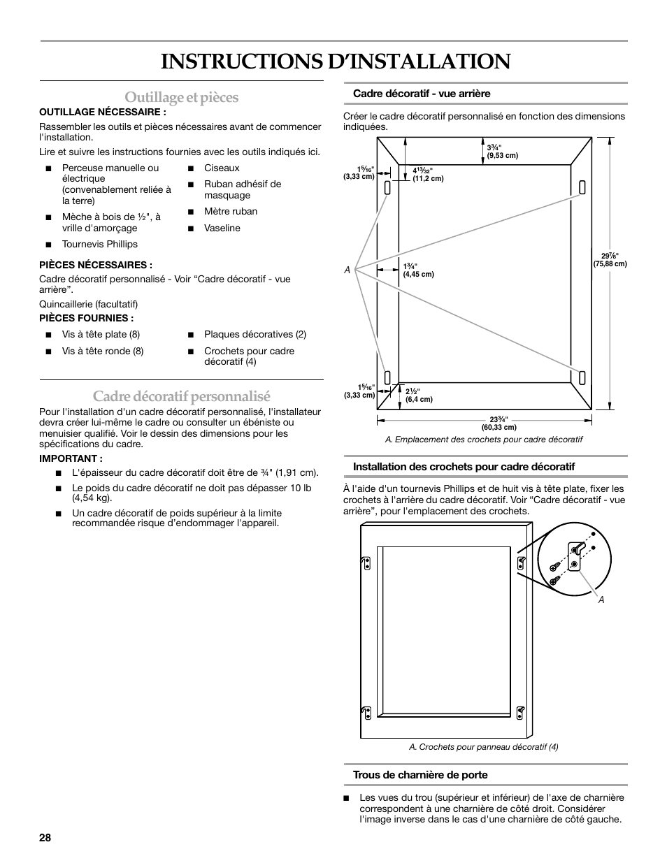 Instructions d’installation, Outillage et pièces, Cadre décoratif personnalisé | KITCHENAID Overlay Model Beverage Center User Manual | Page 28 / 40
