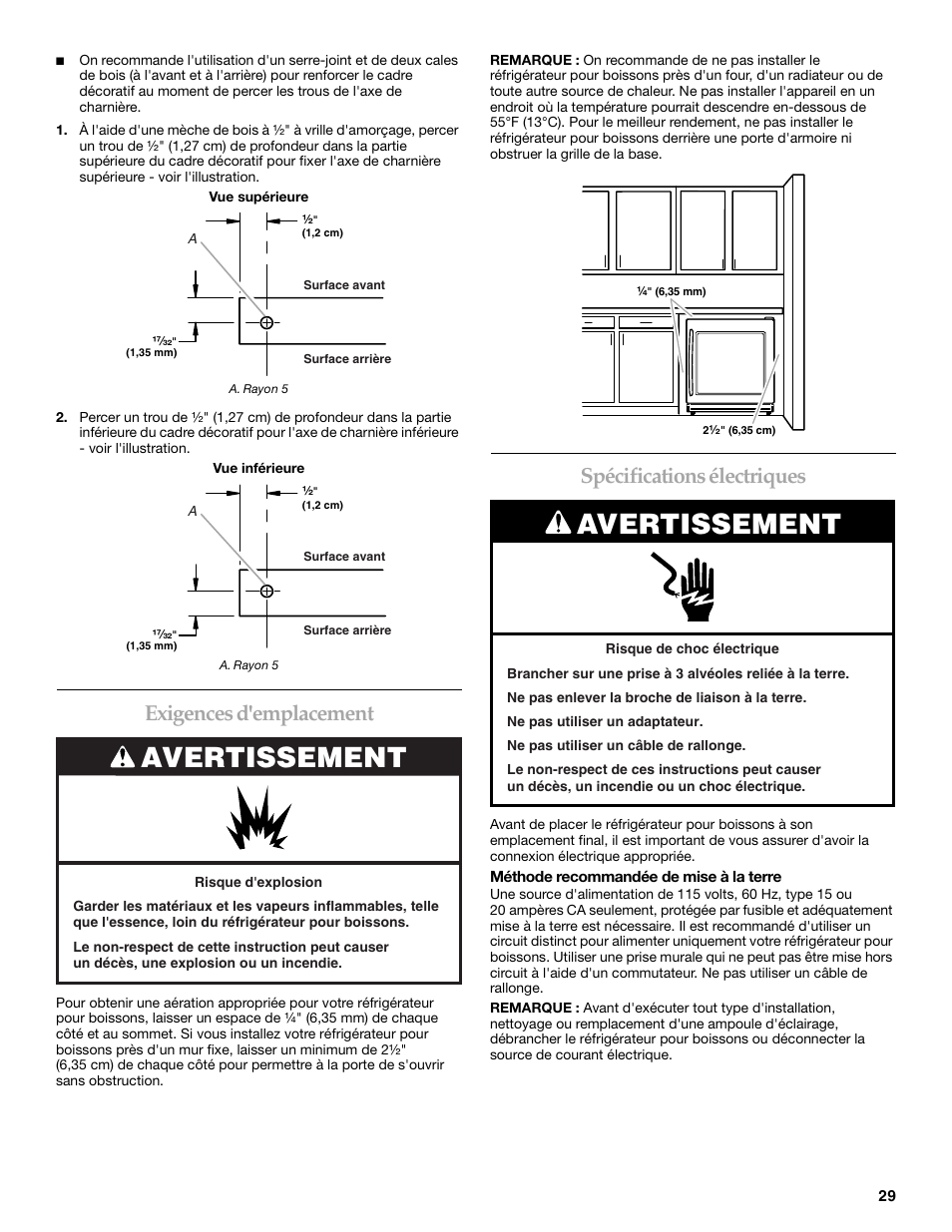 Avertissement, Exigences d'emplacement, Spécifications électriques | KITCHENAID Overlay Model Beverage Center User Manual | Page 29 / 40