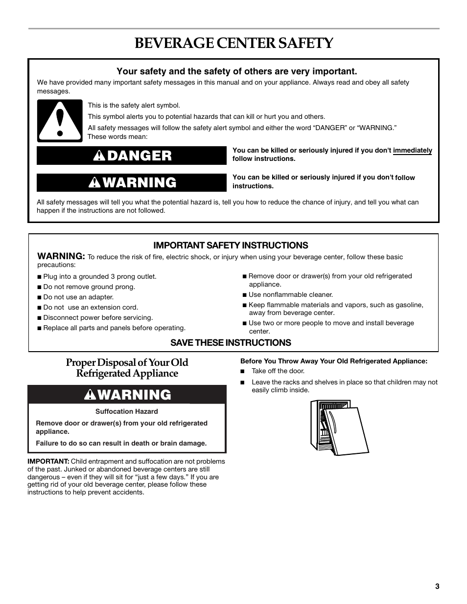 Beverage center, Safety, Danger warning | Warning, Proper disposal of your old refrigerated appliance | KITCHENAID Overlay Model Beverage Center User Manual | Page 3 / 40