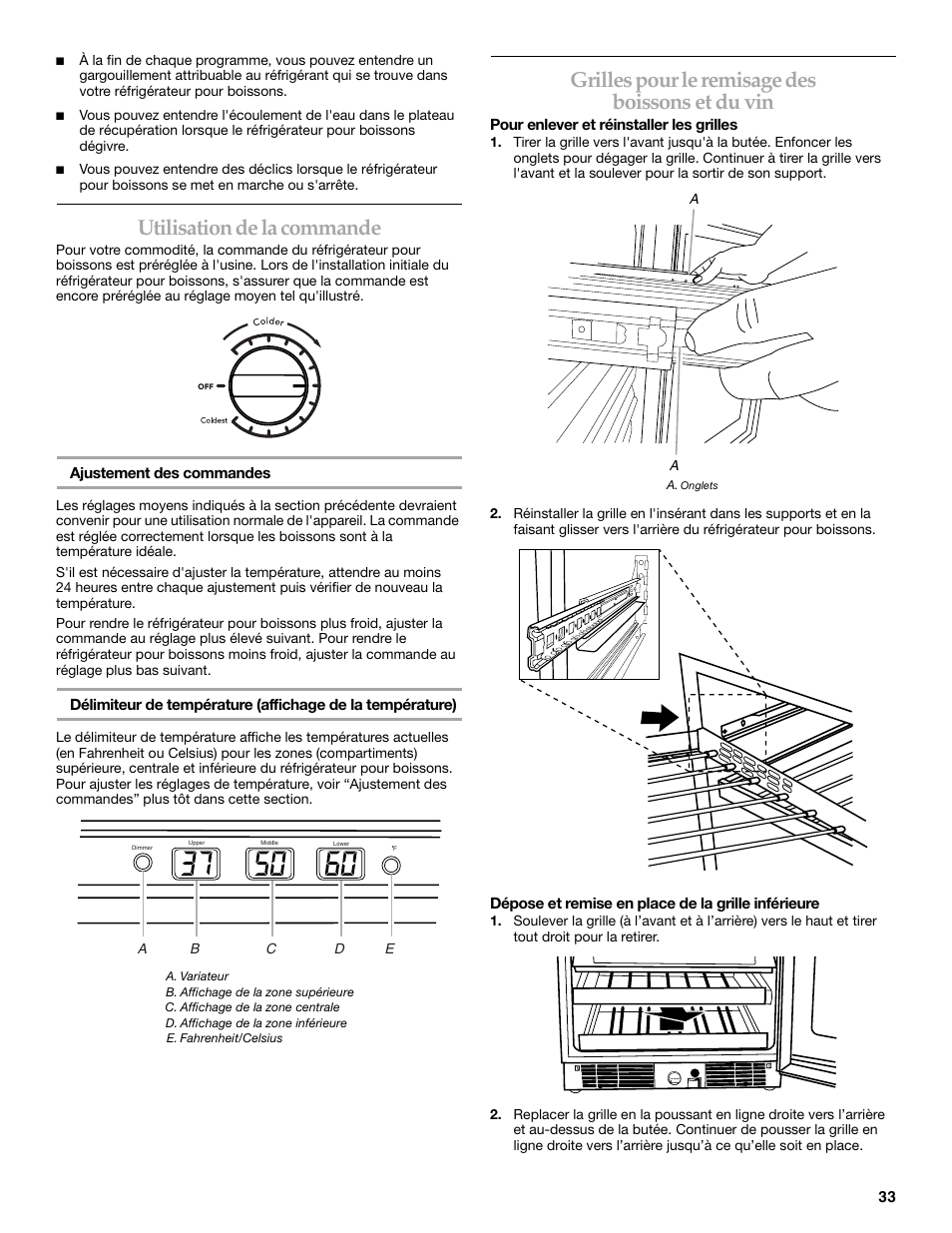 Utilisation de la commande, Grilles pour le remisage des boissons et du vin | KITCHENAID Overlay Model Beverage Center User Manual | Page 33 / 40