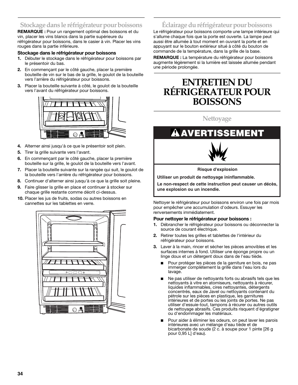 Entretien du réfrigérateur pour boissons, Avertissement, Stockage dans le réfrigérateur pour boissons | Éclairage du réfrigérateur pour boissons, Nettoyage | KITCHENAID Overlay Model Beverage Center User Manual | Page 34 / 40