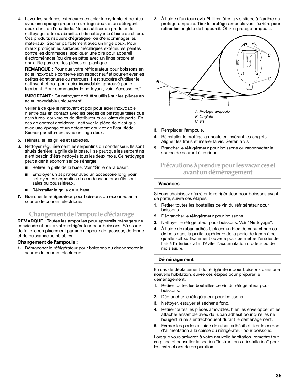 Changement de l'ampoule d'éclairage | KITCHENAID Overlay Model Beverage Center User Manual | Page 35 / 40