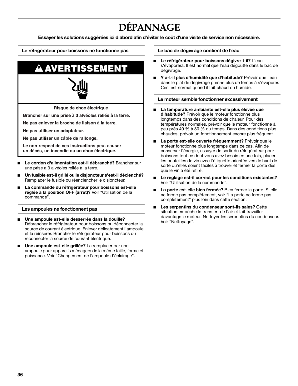 Dépannage, Avertissement | KITCHENAID Overlay Model Beverage Center User Manual | Page 36 / 40