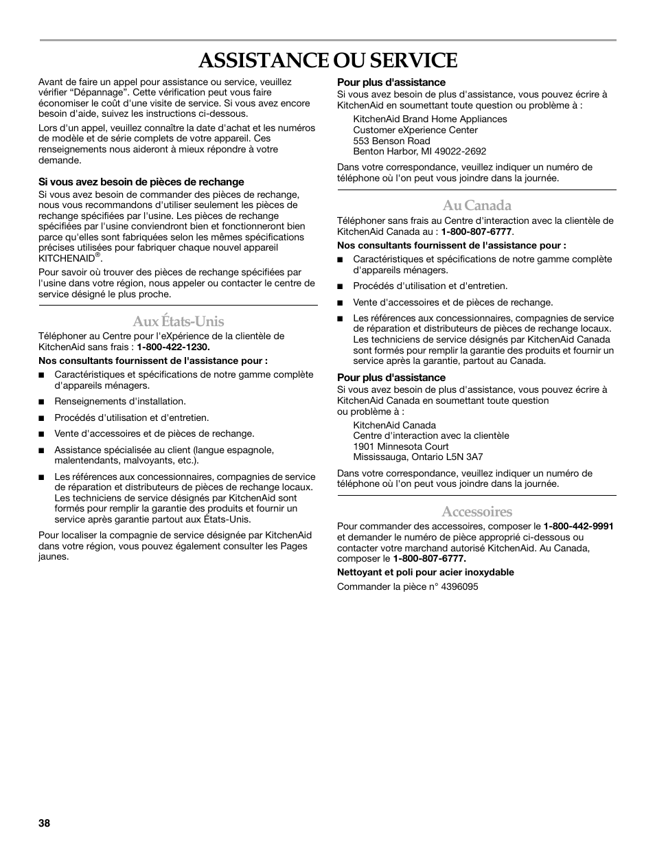 Assistance ou service, Aux états-unis, Au canada | Accessoires | KITCHENAID Overlay Model Beverage Center User Manual | Page 38 / 40