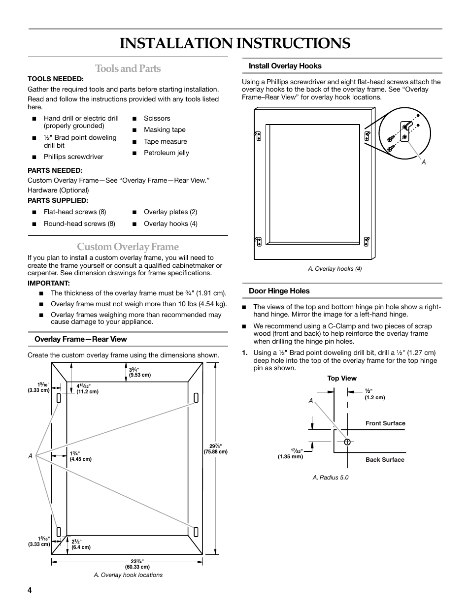 Installation instructions, Tools and parts, Custom overlay frame | KITCHENAID Overlay Model Beverage Center User Manual | Page 4 / 40