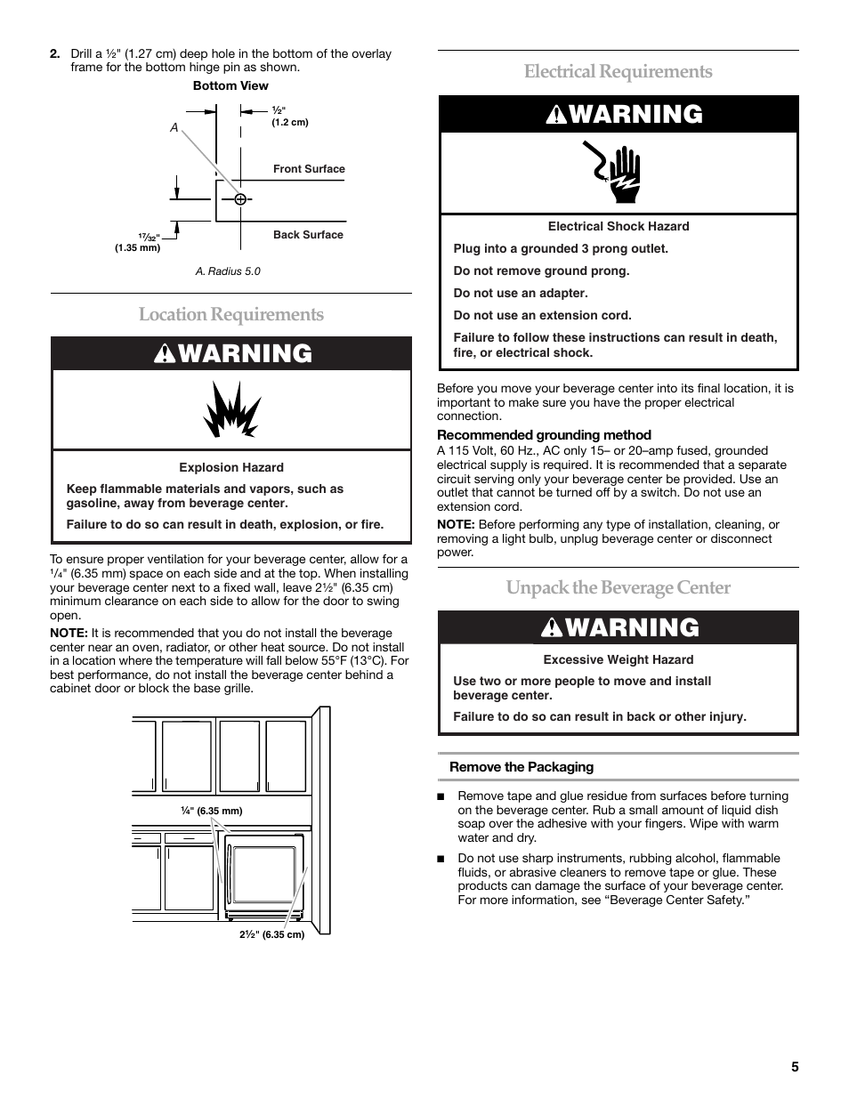 Warning, Location requirements, Electrical requirements | Unpack the beverage center | KITCHENAID Overlay Model Beverage Center User Manual | Page 5 / 40