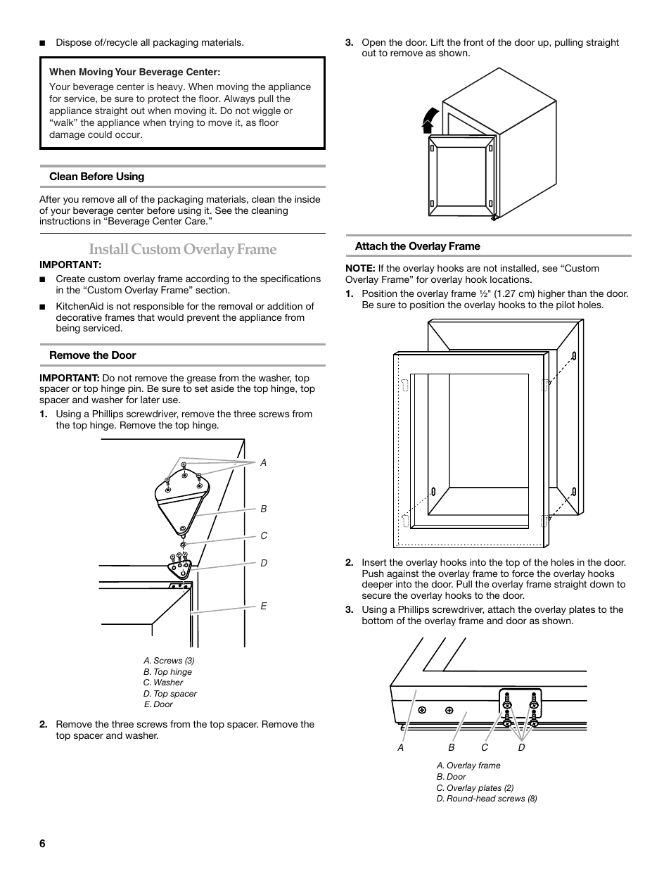 Install custom overlay frame | KITCHENAID Overlay Model Beverage Center User Manual | Page 6 / 40