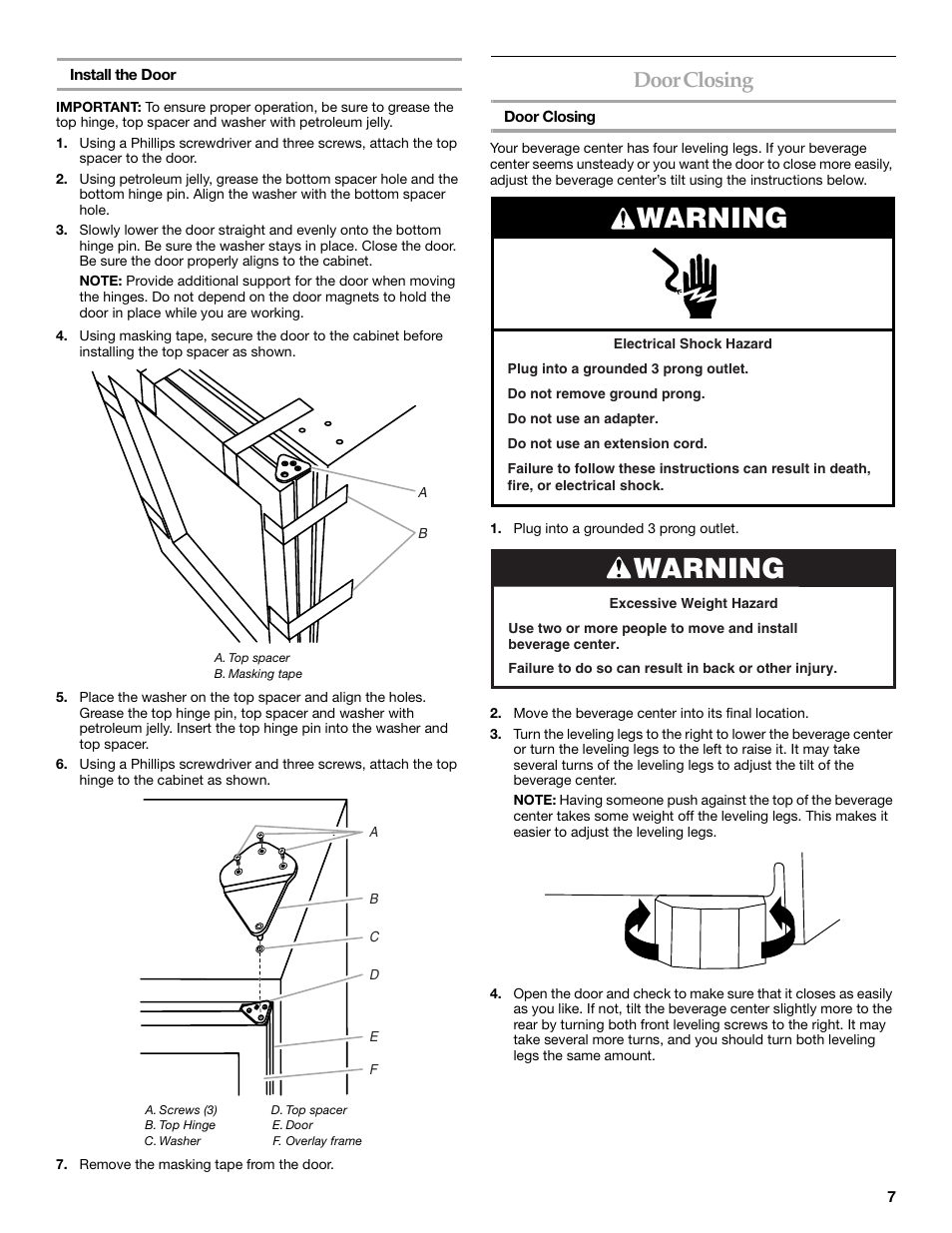 Warning, Door closing | KITCHENAID Overlay Model Beverage Center User Manual | Page 7 / 40