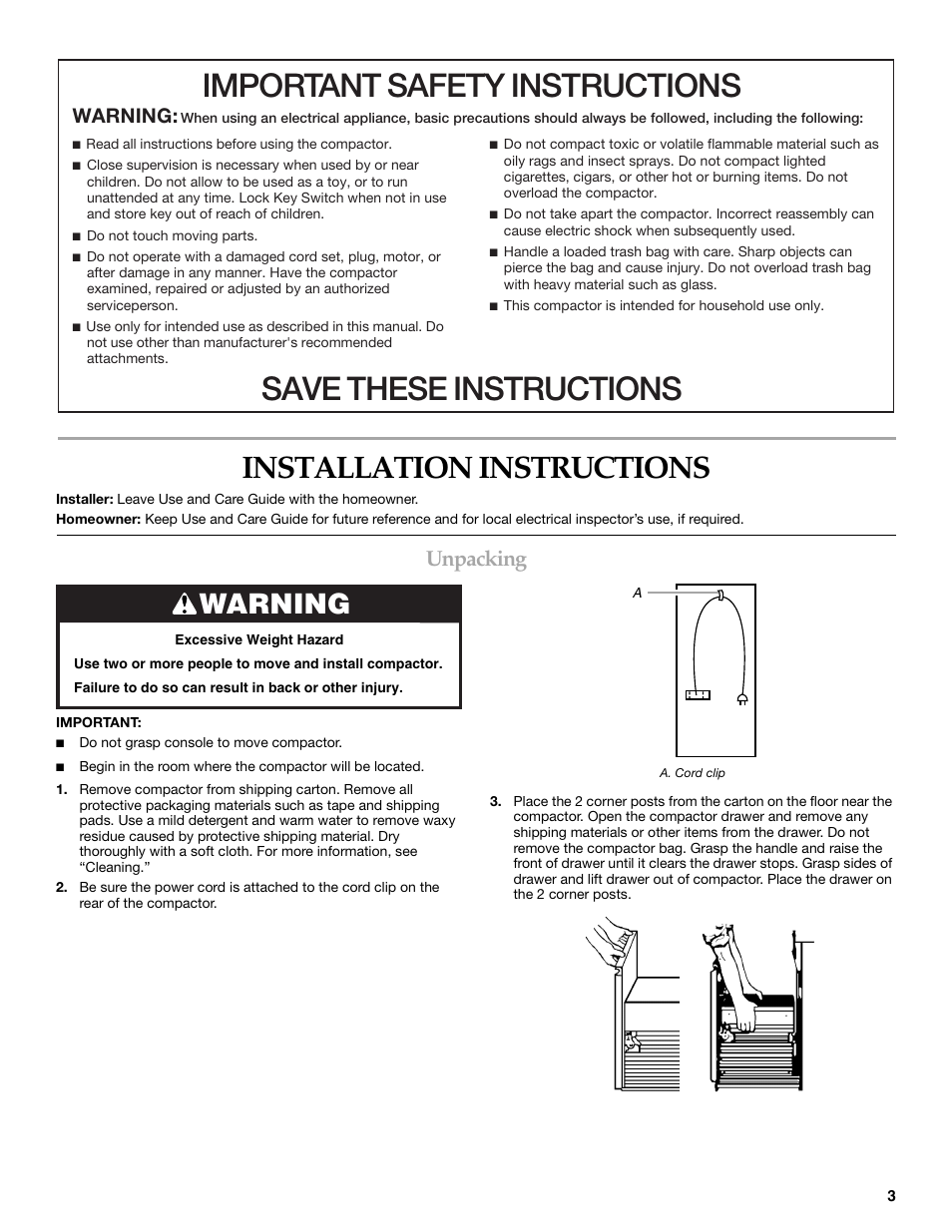 Important safety instructions, Save these instructions, Installation instructions | Unpacking, Warning | KITCHENAID 9872215B User Manual | Page 3 / 12