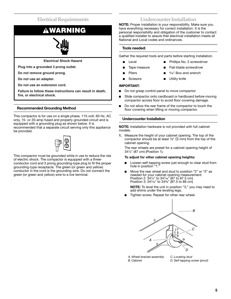 Warning, Electrical requirements, Undercounter installation | KITCHENAID 9872215B User Manual | Page 5 / 12