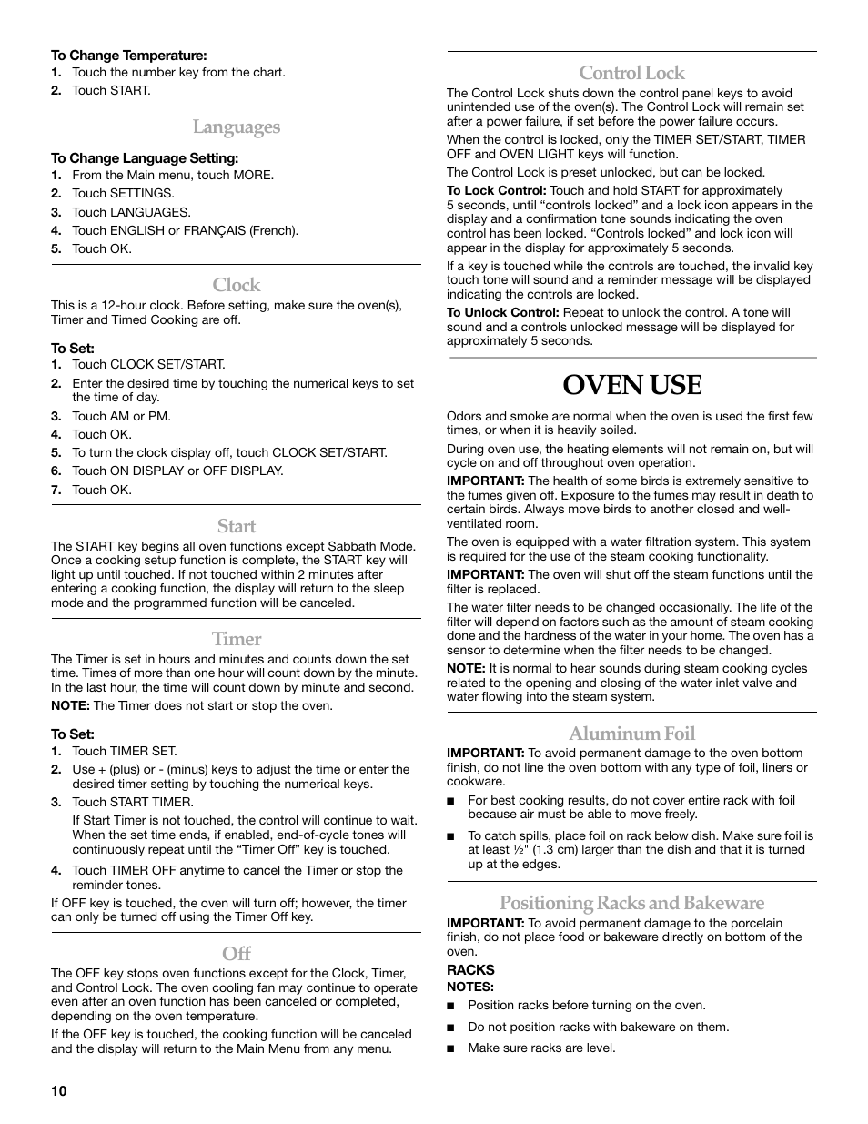 Oven use, Languages, Clock | Start, Timer, Control lock, Aluminum foil, Positioning racks and bakeware | KITCHENAID KEHU309 User Manual | Page 10 / 32