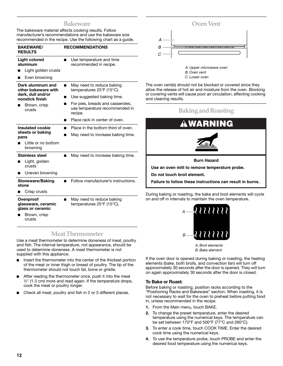 Warning, Bakeware, Meat thermometer | Oven vent, Baking and roasting | KITCHENAID KEHU309 User Manual | Page 12 / 32