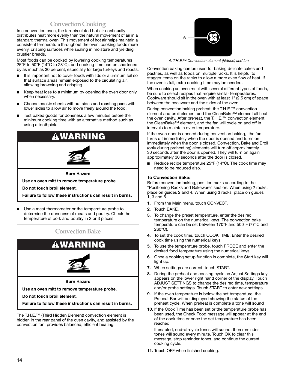 Warning, Convection cooking, Convection bake | KITCHENAID KEHU309 User Manual | Page 14 / 32