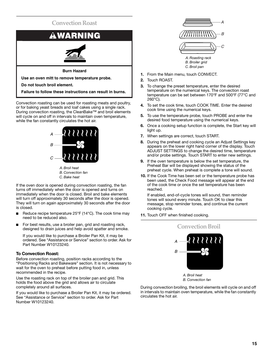 Warning, Convection roast, Convection broil | KITCHENAID KEHU309 User Manual | Page 15 / 32