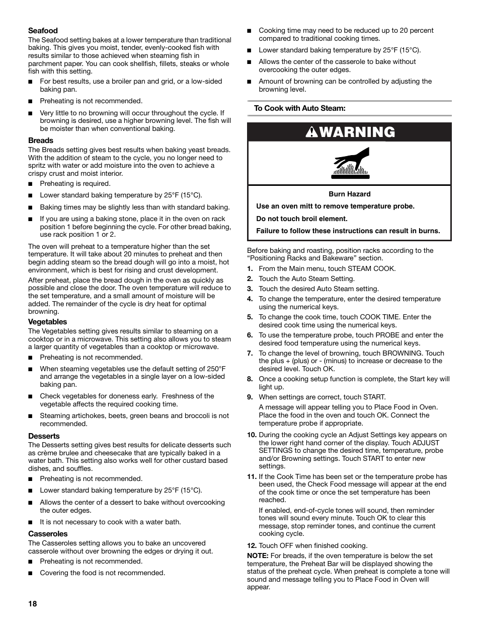 Warning | KITCHENAID KEHU309 User Manual | Page 18 / 32