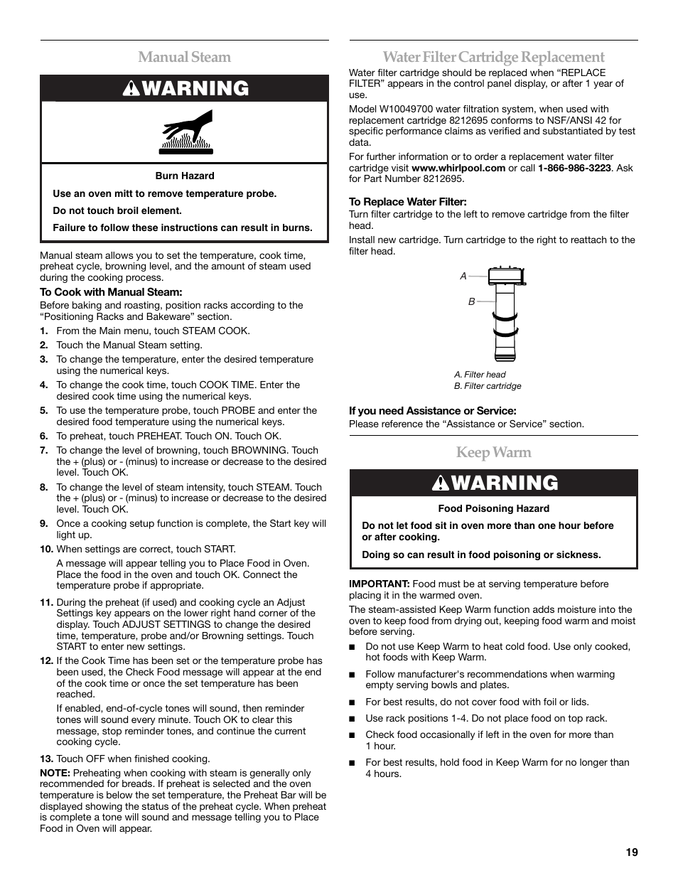 Warning, Manual steam, Water filter cartridge replacement | Keep warm | KITCHENAID KEHU309 User Manual | Page 19 / 32